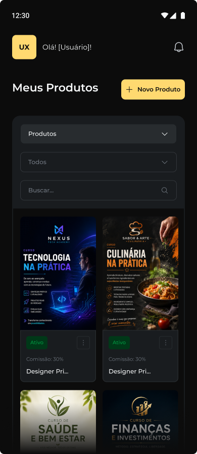 Captura real da plataforma Auge: Meus Produtos