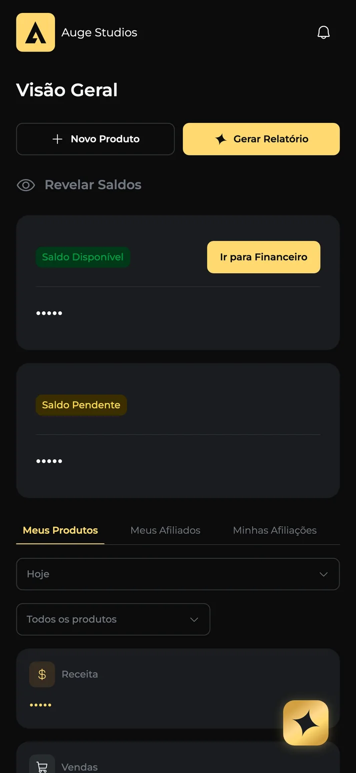 Captura da plataforma Auge: visão geral com saldo disponível e saldo pendente