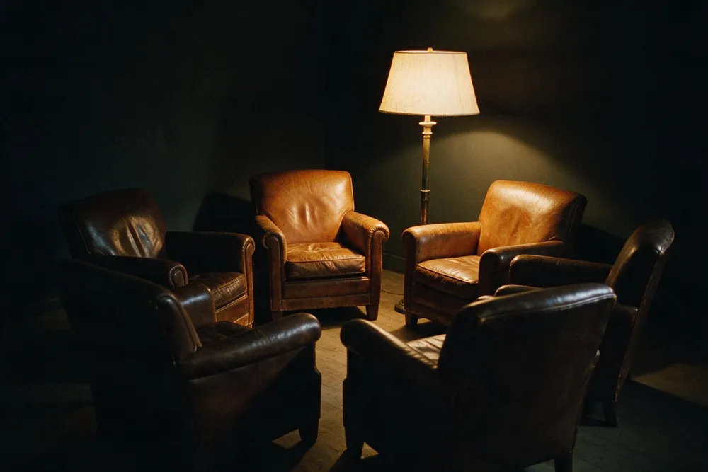Poltronas de couro dispostas em círculo numa sala escura, iluminadas por um abajur