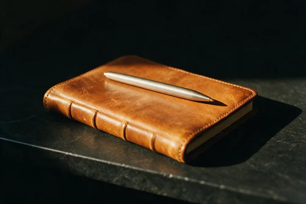 Caderno de couro fechado sobre uma superfície escura, com uma caneta atravessada