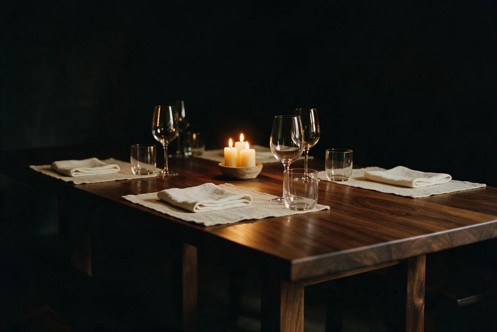 Mesa longa de madeira escura posta para um grupo pequeno, iluminada por velas