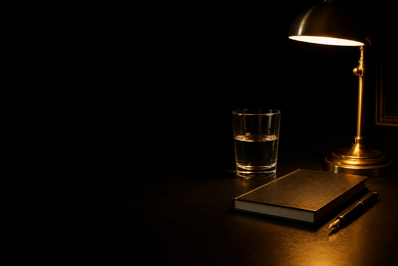 Natureza-morta silenciosa sobre uma mesa escura: caderno fechado, caneta e um abajur