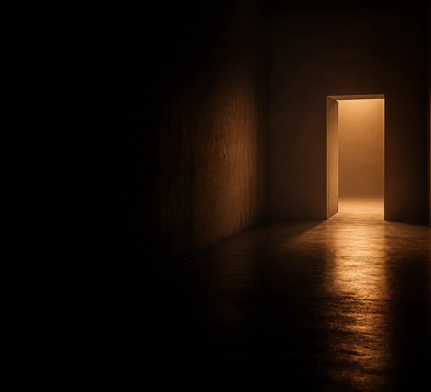 Corredor escuro com uma porta iluminada ao fundo
