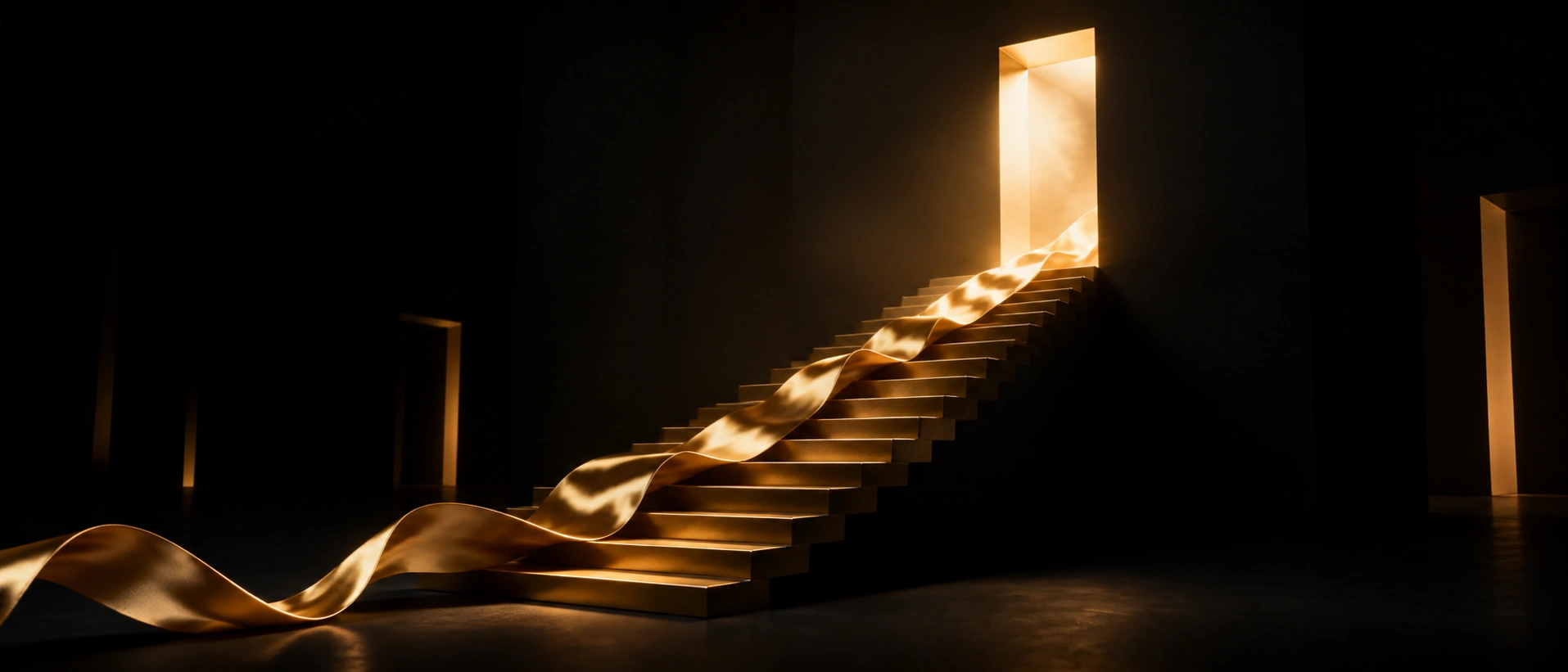Escadaria dourada conduzindo a um portal de luz