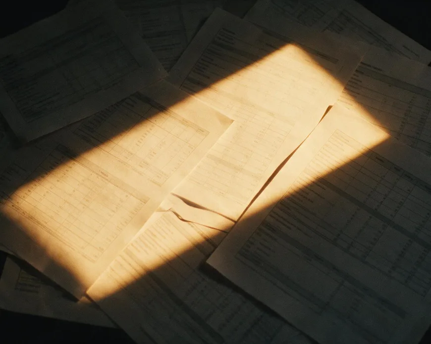 Folhas de relatório impressas espalhadas, cortadas por um facho de luz âmbar